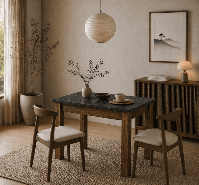 Eettafels - Kleine eettafel Walnoot met zwart Melamine - 110 cm - met opbergruimte - Kara - Dimehouse