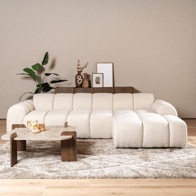 Sofas-Corner sofa with lounge beige bouclé fabric - stripes - right - Brix-Dimehouse