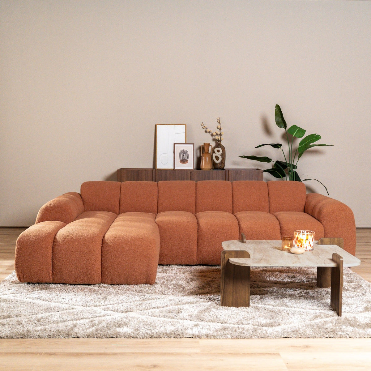Sofas-Corner sofa with lounge copper bouclé fabric - stripes - left - Brix-Dimehouse