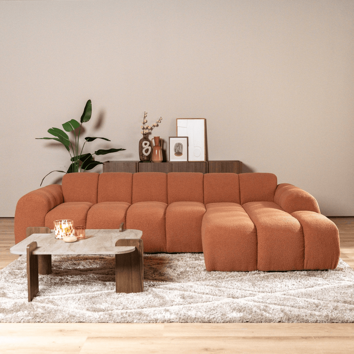 Sofas-Corner sofa with lounge copper bouclé fabric - stripes - right - Brix-Dimehouse