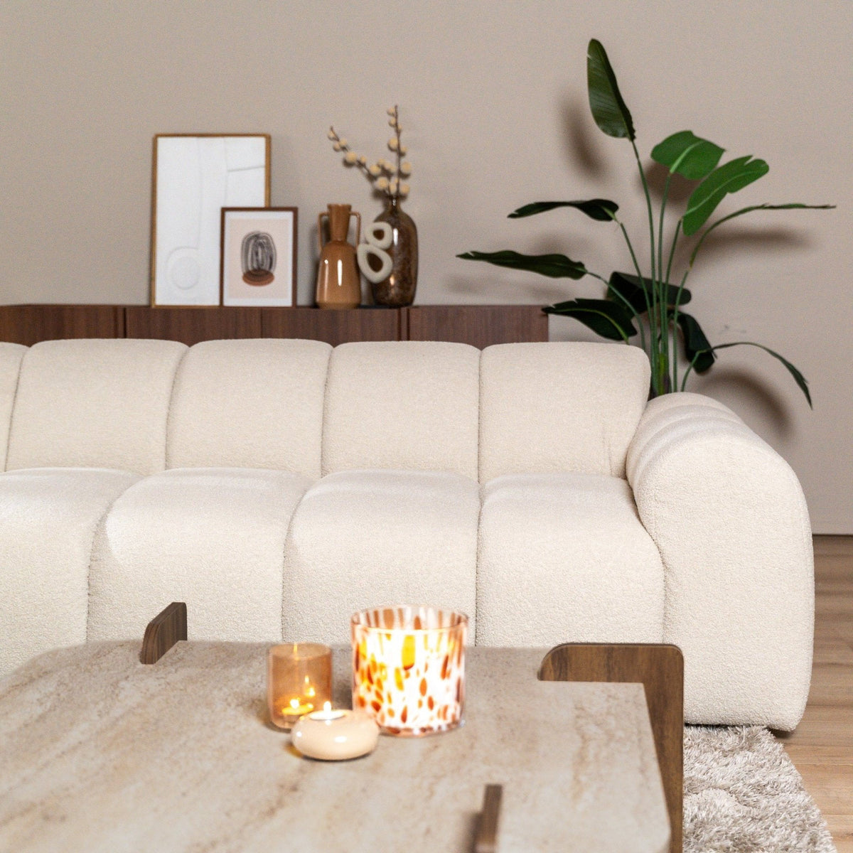 Sofas-Corner sofa with lounge beige bouclé fabric - stripes - left - Brix-Dimehouse