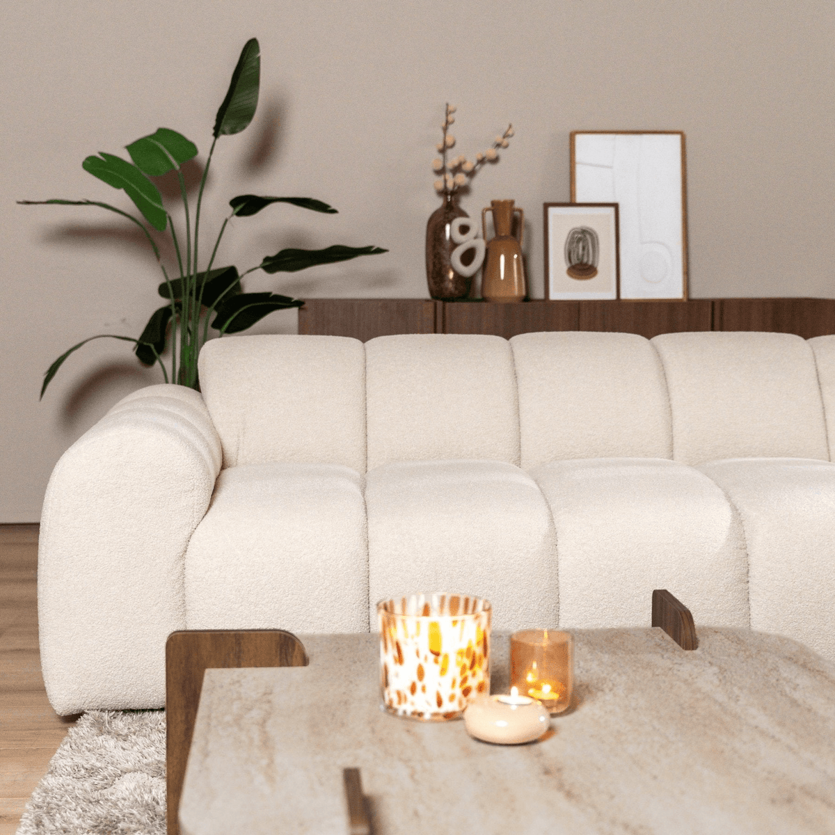Sofas-Corner sofa with lounge beige bouclé fabric - stripes - right - Brix-Dimehouse