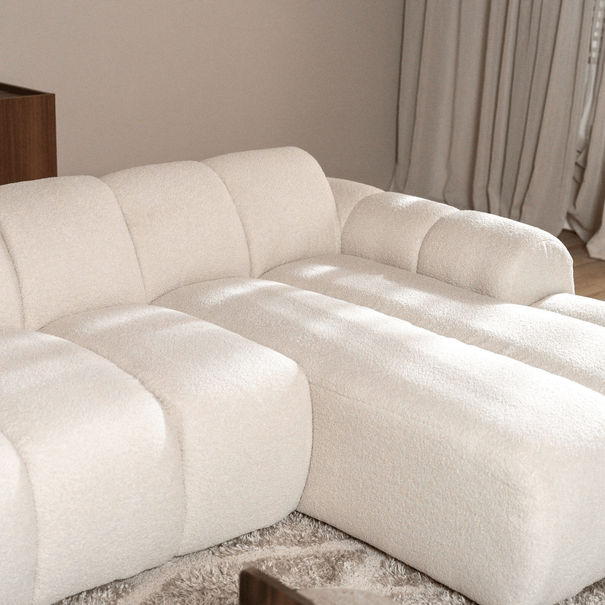 Sofas-Corner sofa with lounge beige bouclé fabric - stripes - right - Brix-Dimehouse