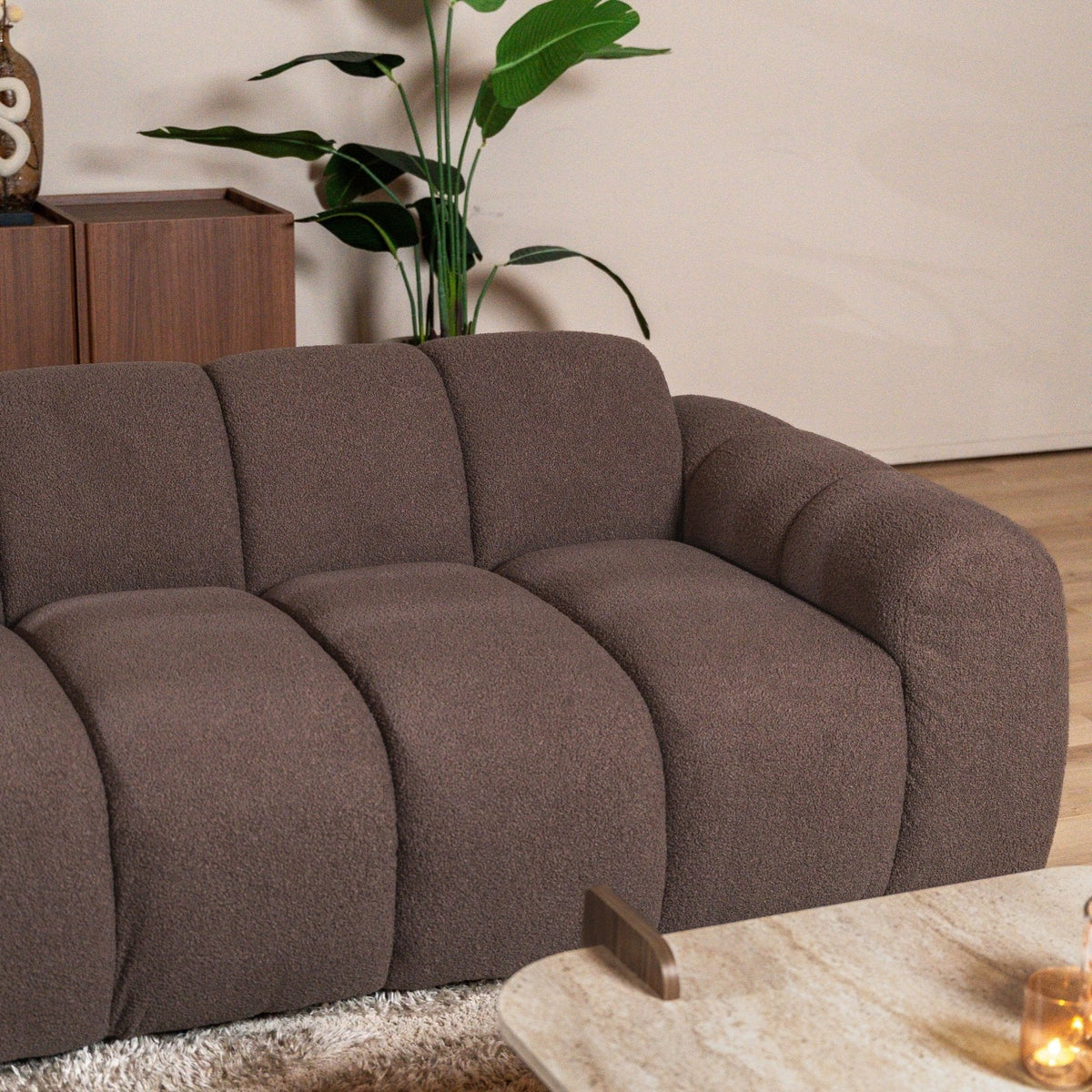 Sofas-Corner sofa with lounge soft brown bouclé fabric - stripes - left - Brix -Dimehouse