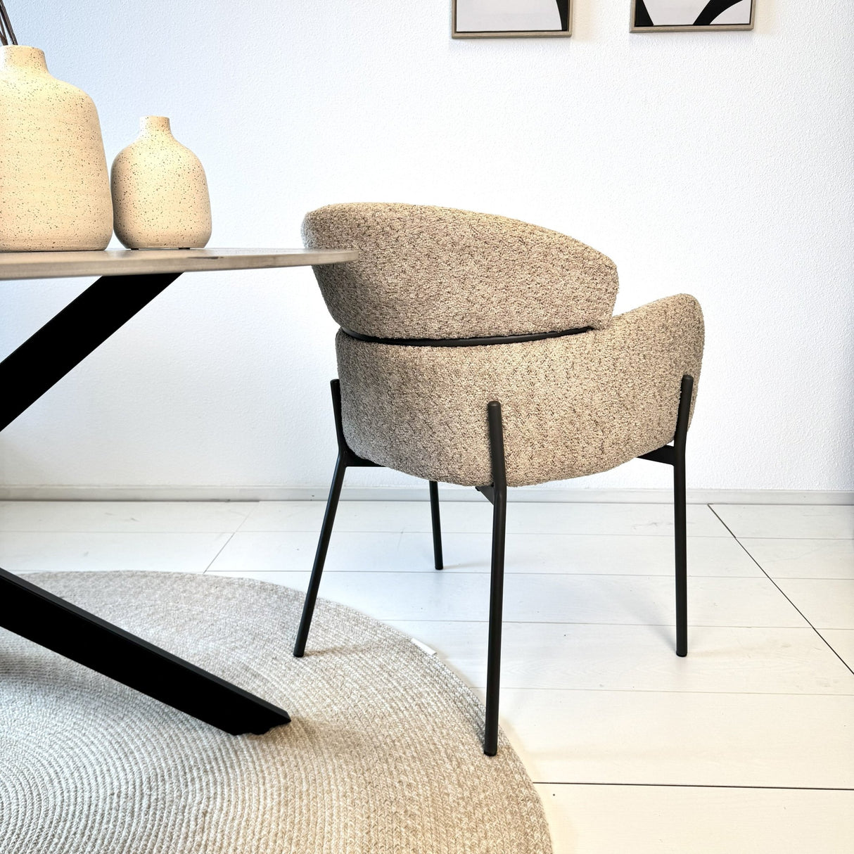 Dining chair Lola Bouclé fabric Beige with round back and arm 