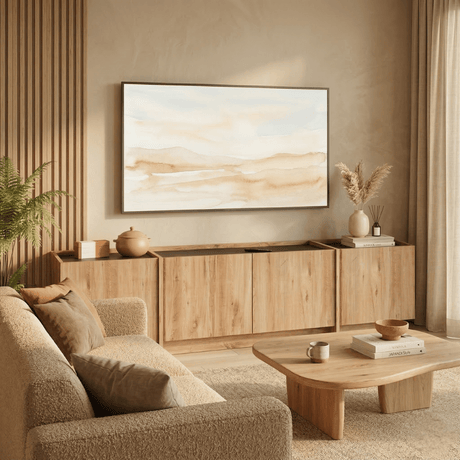 TV cabinet Japandi oak look melamine anthracite Lowen 180 cm