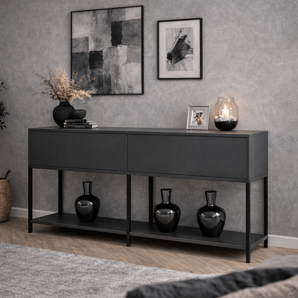Modern Dressoir Anthracite Lord 150x30x80 - Black Frame - Two Compartments