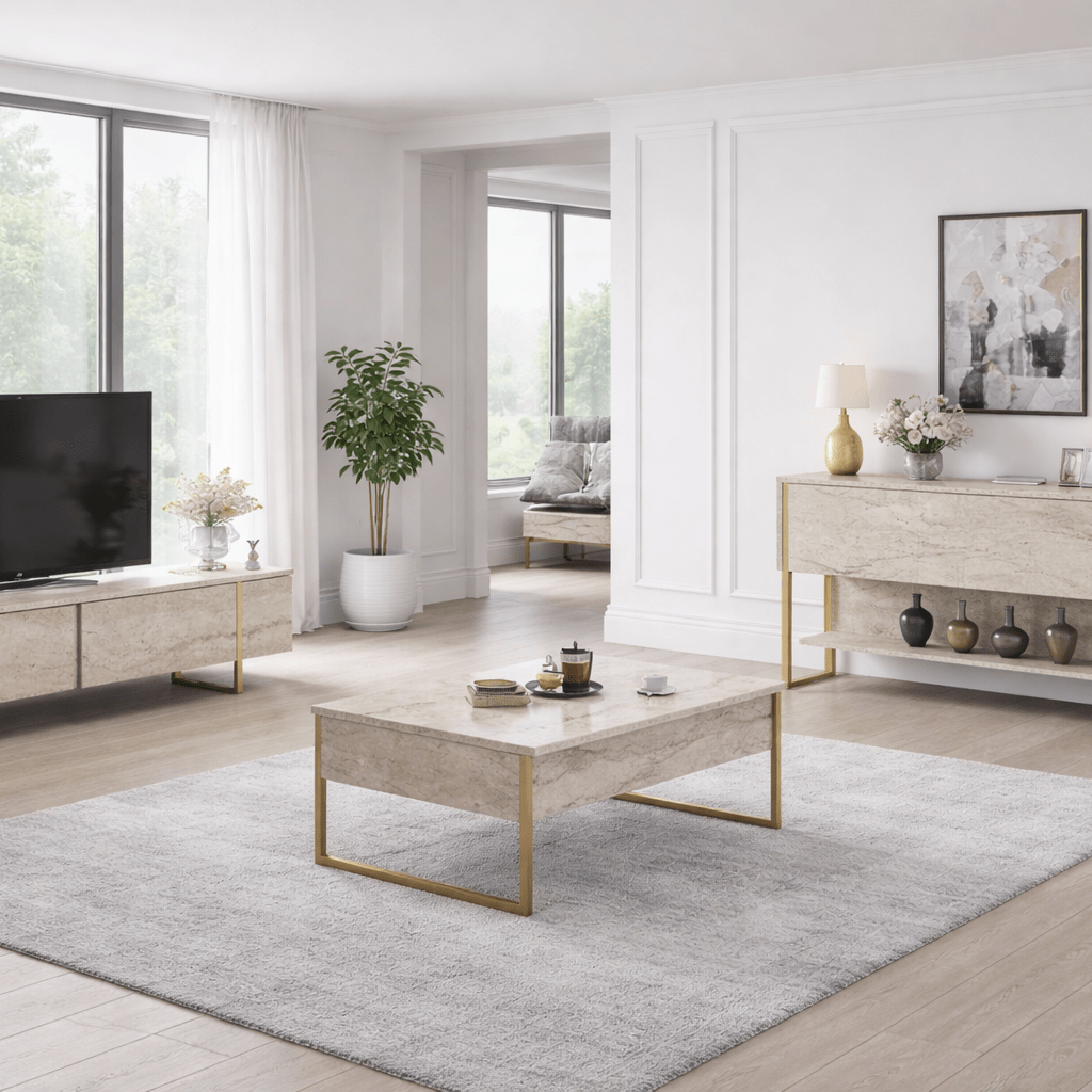Modern Sideboard Travertine Luxury 120x80x30 - Golden Frame - One Compartment 