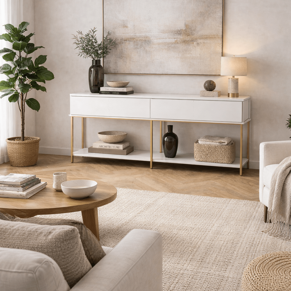 Modern Sideboard White Lord 150x30x80 - Gold Frame - Two Compartments