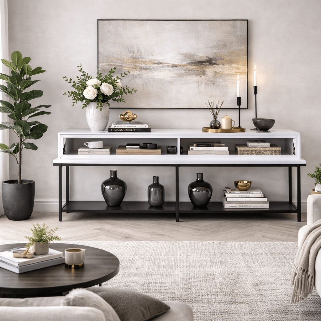 Modern Sideboard White Lord 150x30x80 - Black Frame - Two Compartments