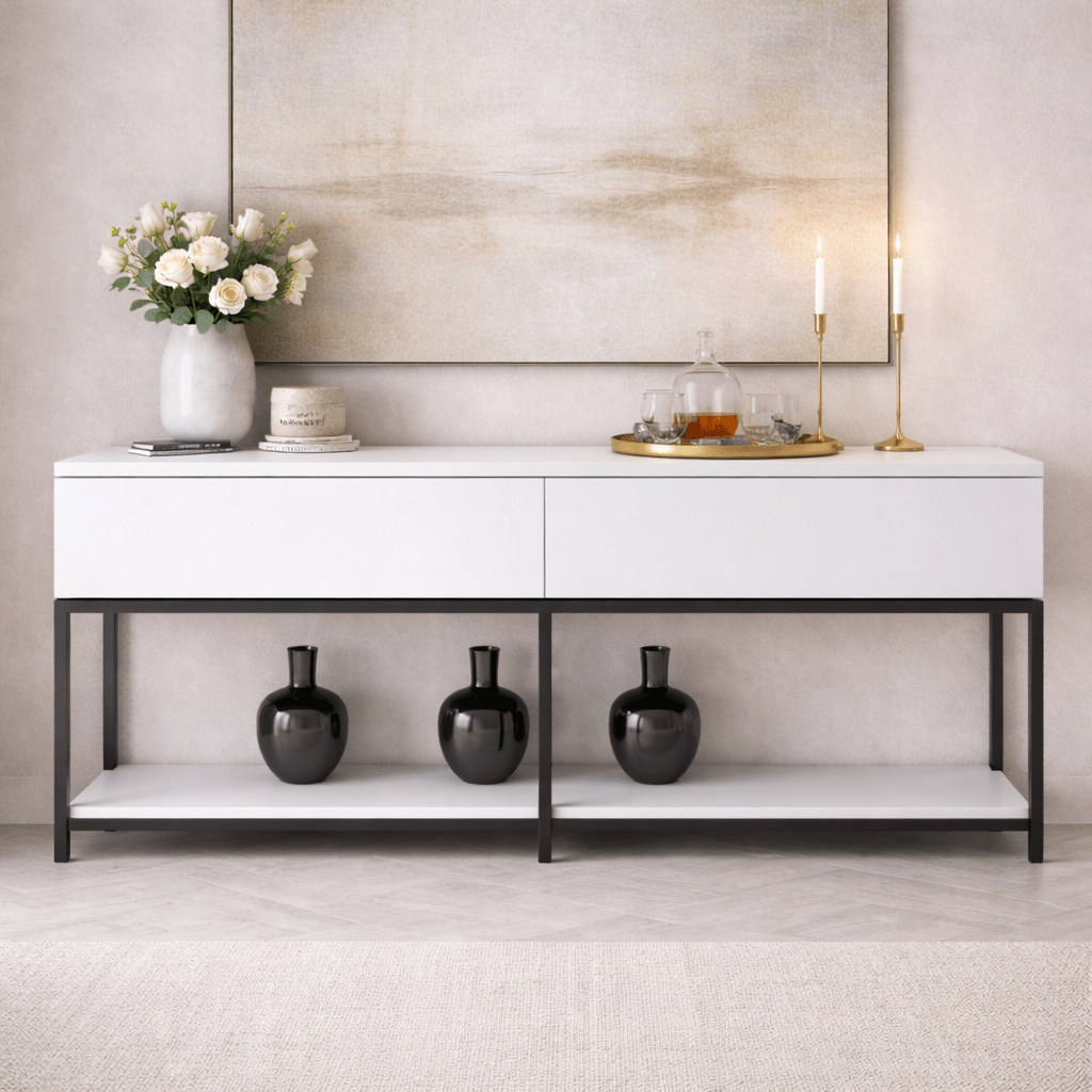 Modern Sideboard White Lord 150x30x80 - Black Frame - Two Compartments