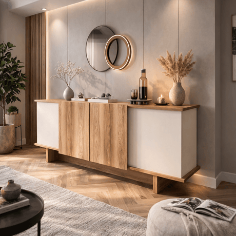 Modern Sideboard Sand–Walnut Look Melamine Diana 180 cm