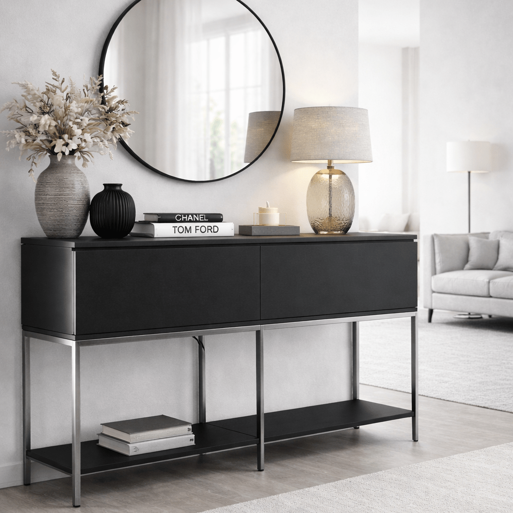 Modern Sideboard Black Lord 150x30x80 - Silver Frame - Two Compartments