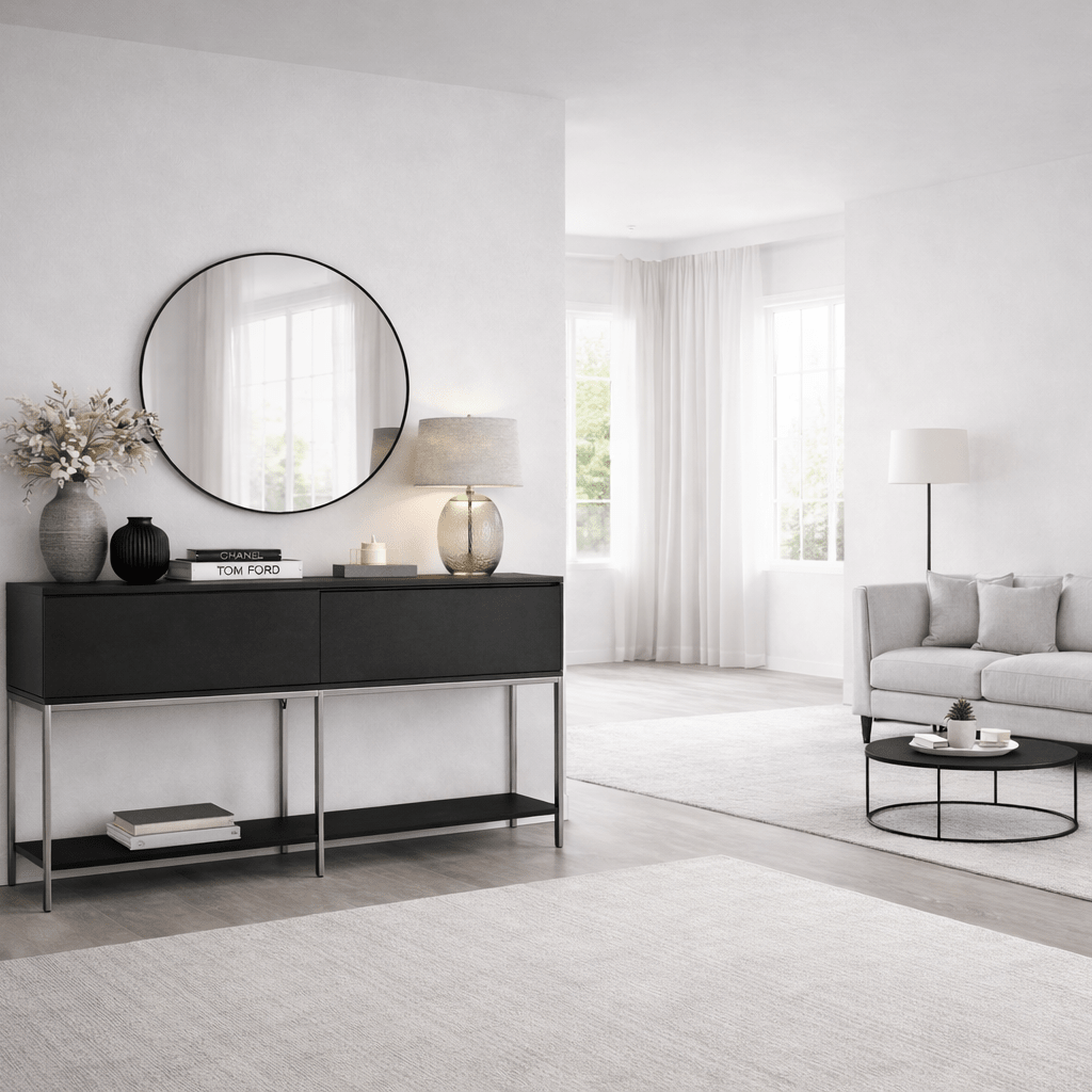 Modern Sideboard Black Lord 150x30x80 - Silver Frame - Two Compartments