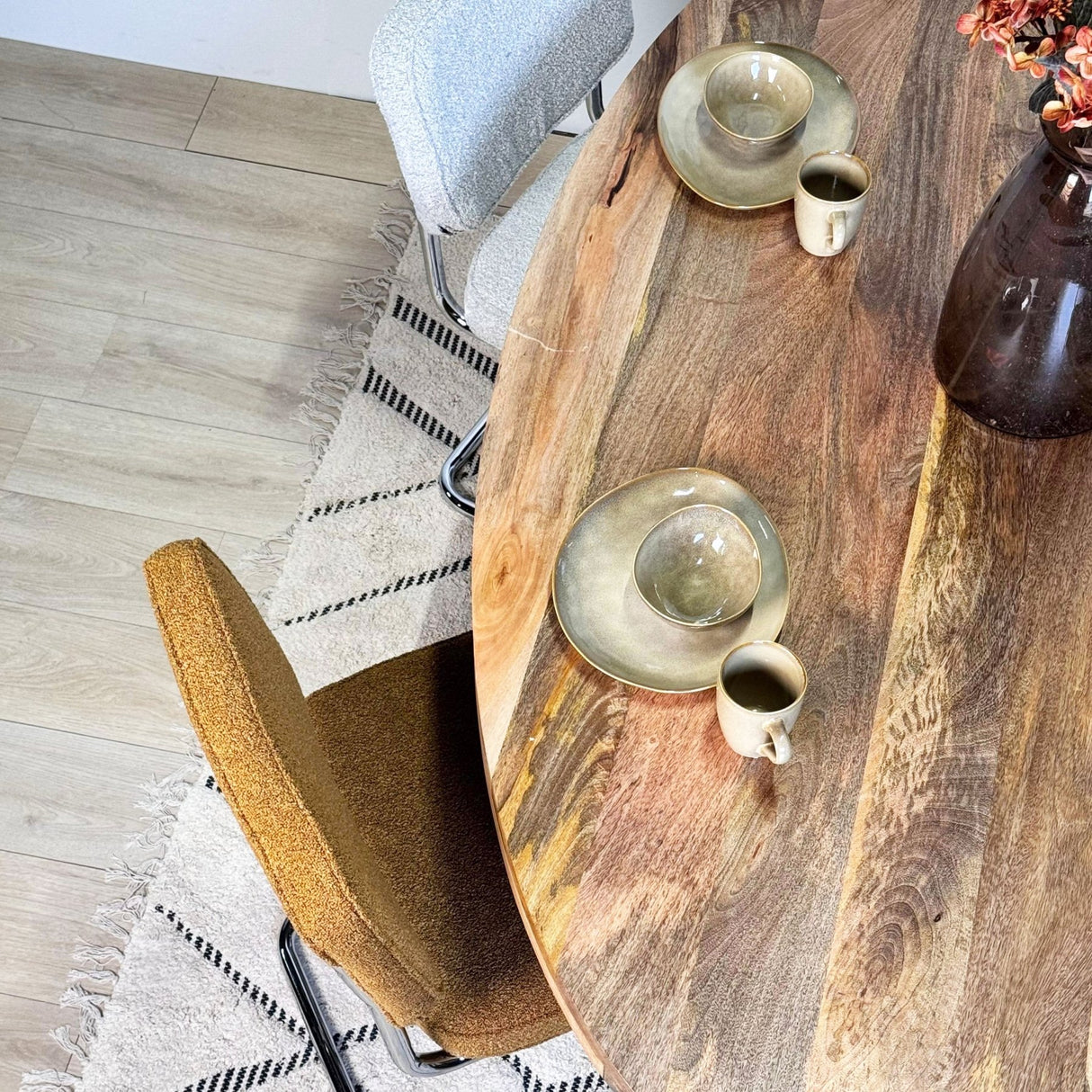 Modern Dining Chair Green Boucle Fabric Sway - Chrome Frame - Without Armrests 