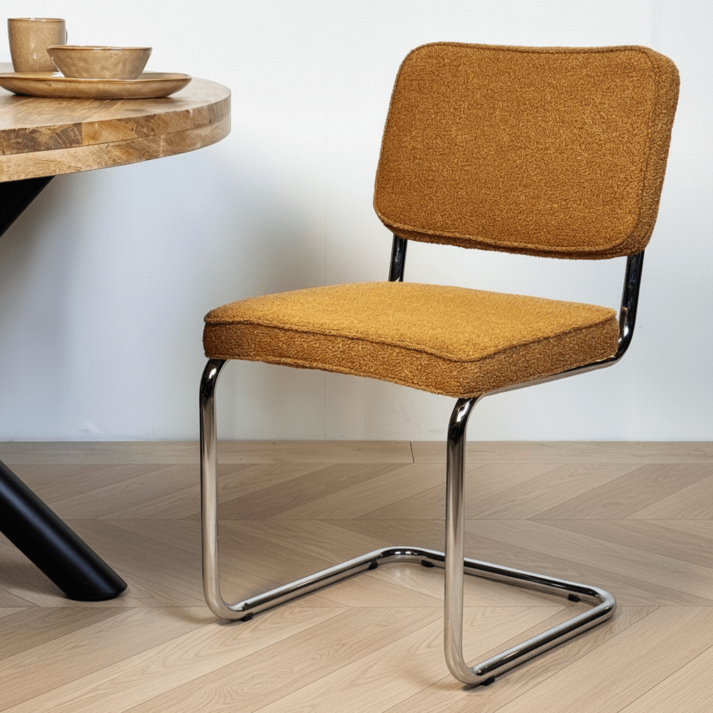 Modern Dining Room Chair Copper Bouclé Fabric Sway - Chrome Frame - Without Armrests