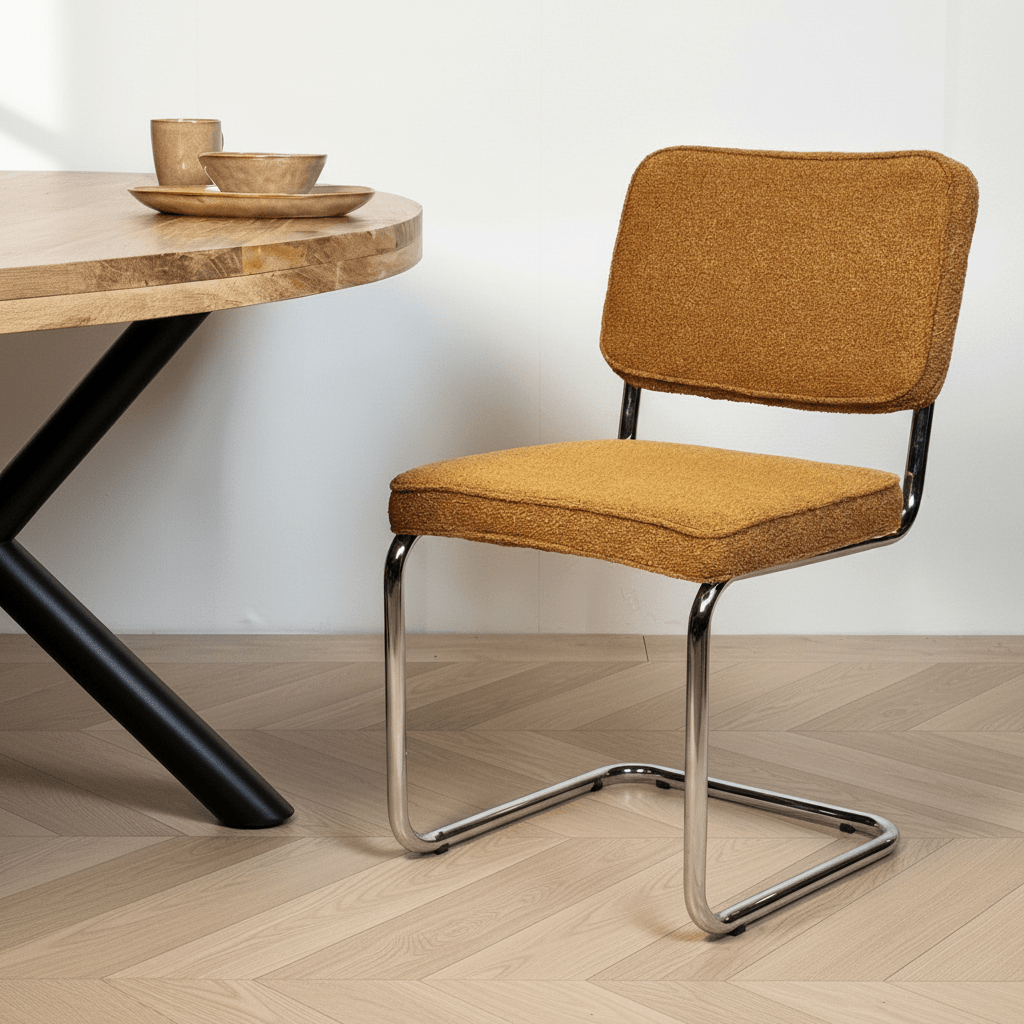 Modern Dining Room Chair Copper Bouclé Fabric Sway - Chrome Frame - Without Armrests