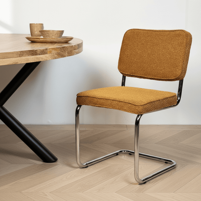 Modern Dining Room Chair Copper Bouclé Fabric Sway - Chrome Frame - Without Armrests