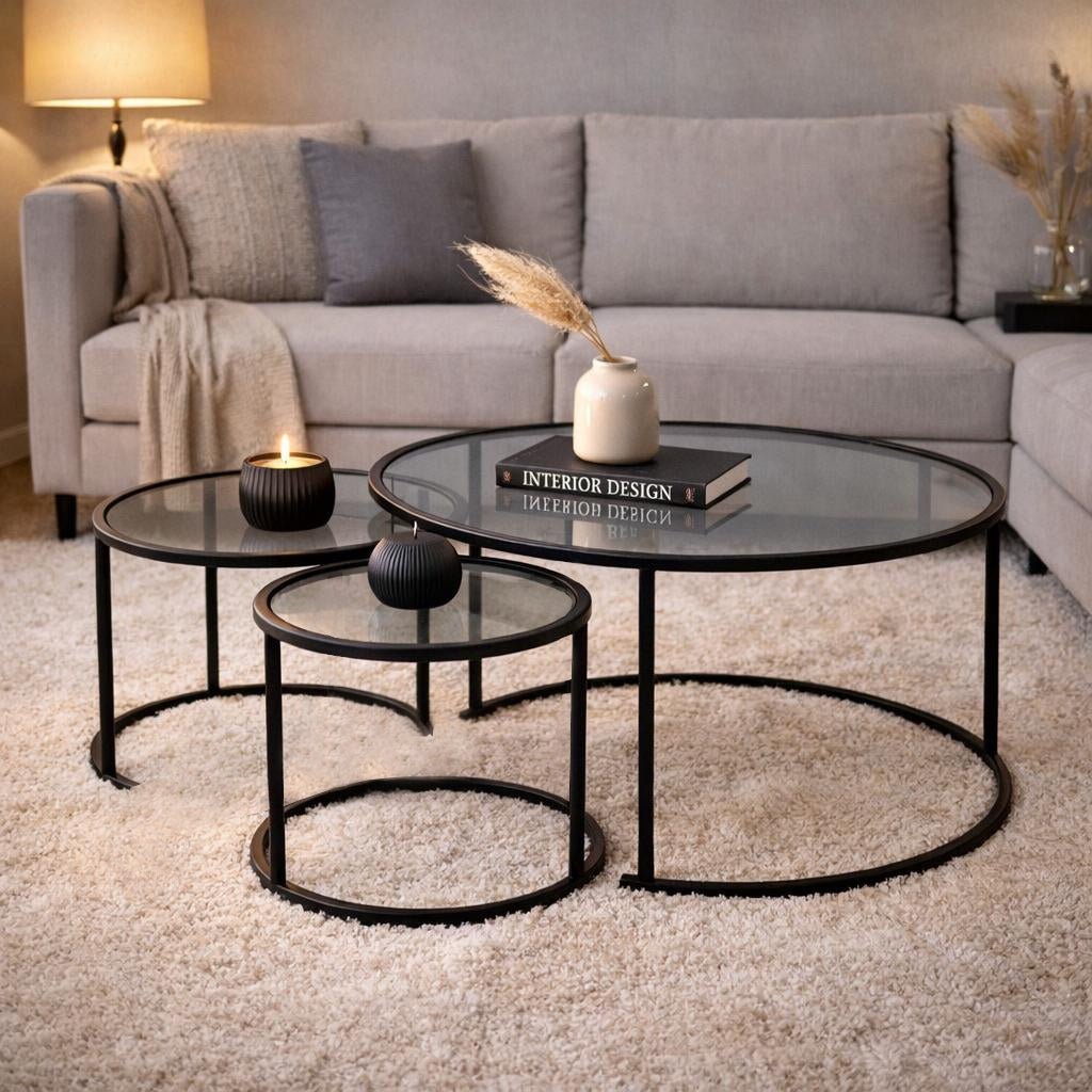 Modern Coffee Table Set of 3 Uru Black - Grey Glass - 80/60/42 cm 