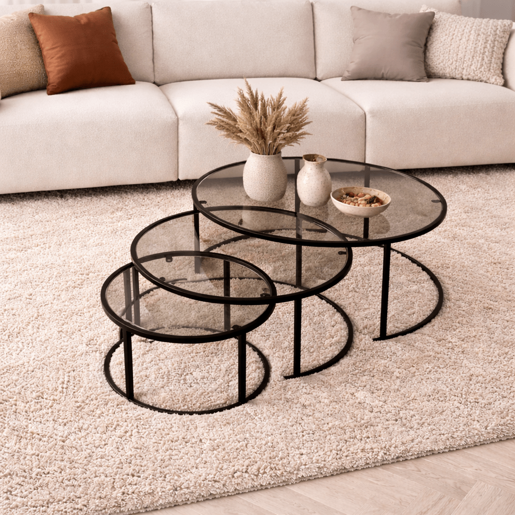 Modern Coffee Table Set of 3 Uru Black - Grey Glass - 80/60/42 cm 