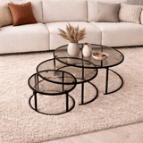Modern Coffee Table Set of 3 Uru Black - Grey Glass - 80/60/42 cm 