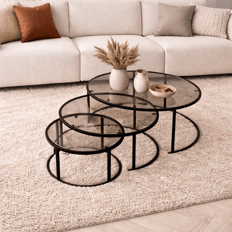 Modern Coffee Table Set of 3 Uru Black - Grey Glass - 80/60/42 cm 