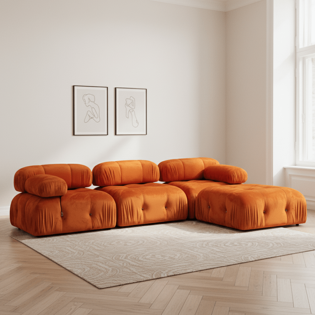 Modular XXL corner sofa Bubble with ottoman - velvet orange
