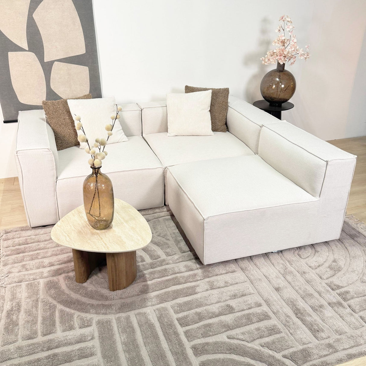 Modular corner sofa with loose pouf in ecru beige linen fabric Fora - left 