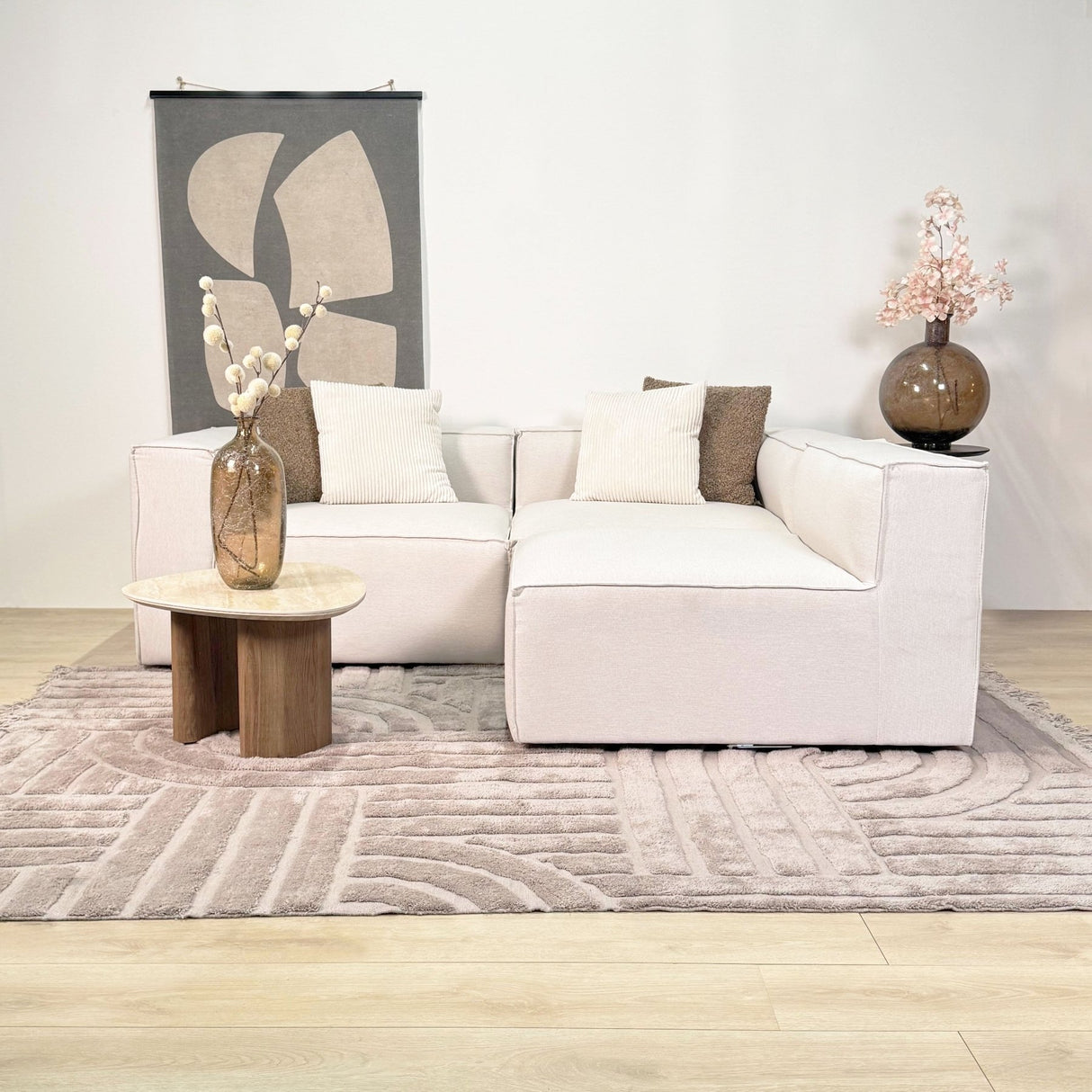 Modular corner sofa with loose pouf in ecru beige linen fabric Fora - left 