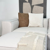 Modular corner sofa with loose pouf in ecru beige linen fabric Fora - left 