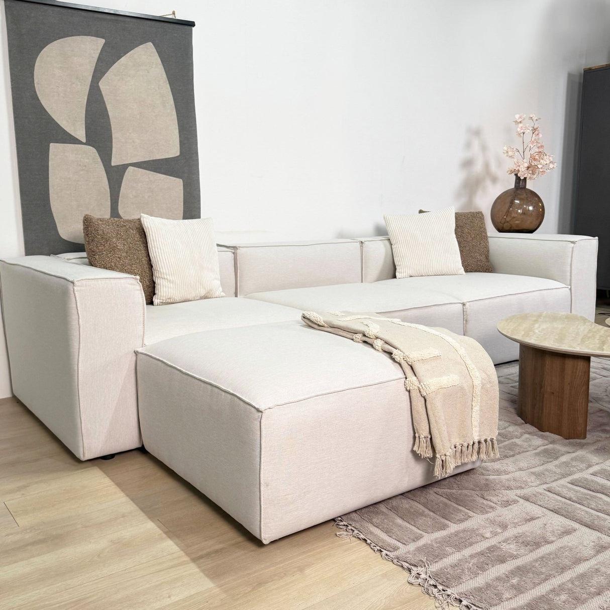 Modular corner sofa with loose pouf in ecru beige linen fabric Fora - left 
