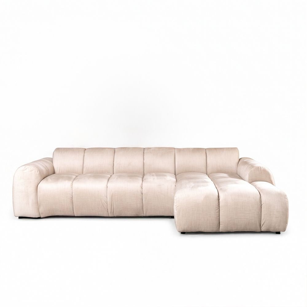 Sofas-Corner sofa with lounge beige velvet textured fabric - stripes - right - Brix-Dimehouse