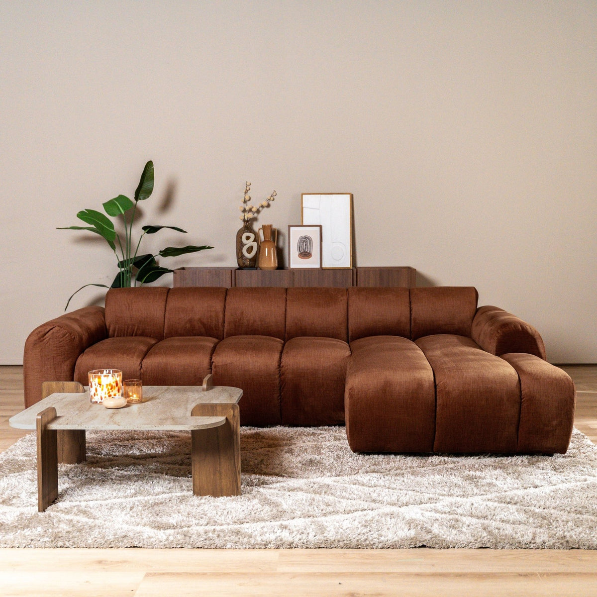 Sofas-Corner sofa with lounge copper velvet textured fabric - stripes - right - Brix-Dimehouse