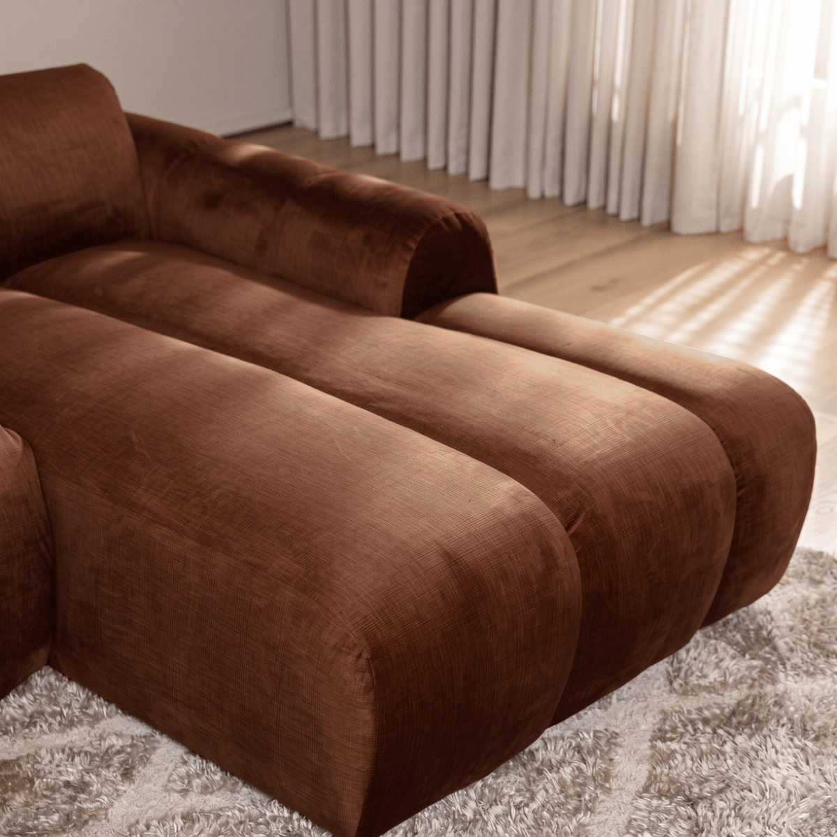 Sofas-Corner sofa with lounge copper velvet textured fabric - stripes - right - Brix-Dimehouse