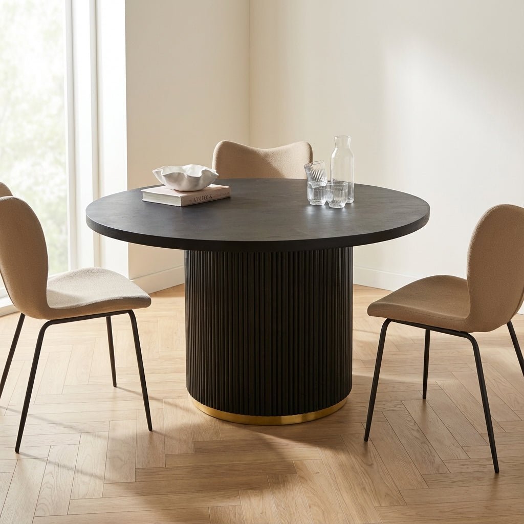 Round Dining Table Black Elora Mango wood with Golden Detail atmospheric photo in modern interior