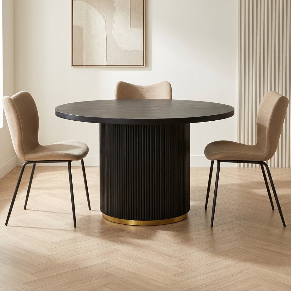 Round Dining Table Black Elora Mango wood with Golden Detail atmospheric photo in modern interior
