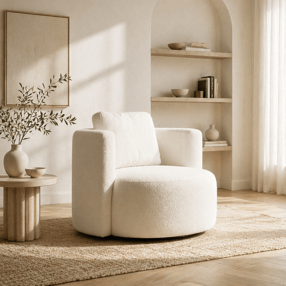 Round armchair cream bouclé Fern