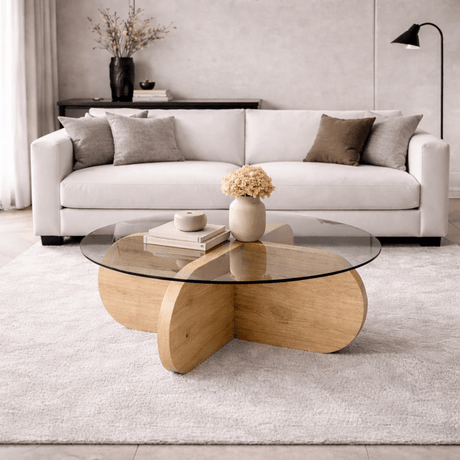Aris Round Coffee Table 75 cm Glass - Melamine Oak 