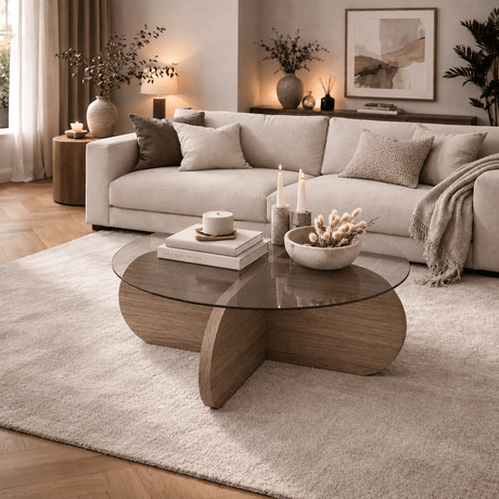 Round coffee table Aris walnut melamine and transparent glass 75 cm