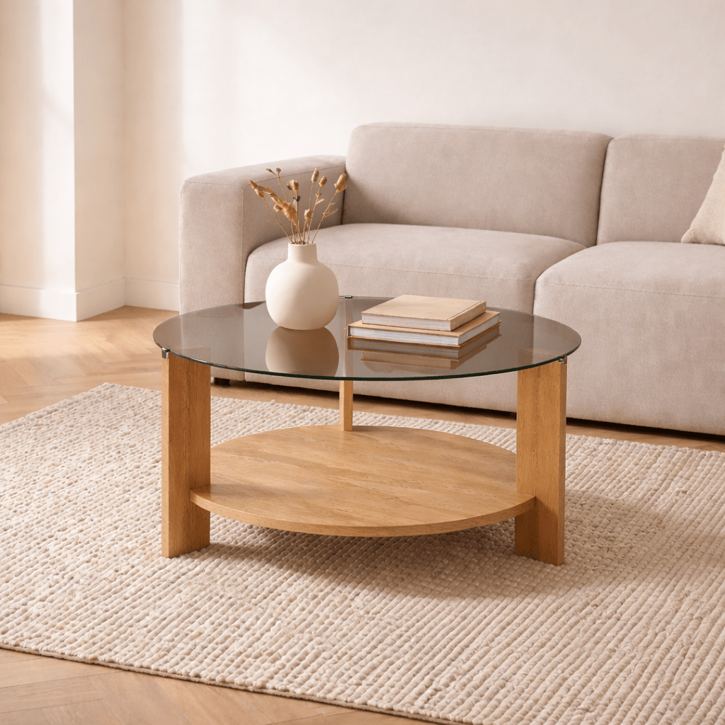 Cairo Coffee Table Round Ø75 cm Sapphire Oak - Smoke Glass Fume 75x75 cm 