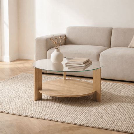 Cairo Coffee Table Round Ø75 cm Sapphire Oak - Glass 75x75x40 cm 