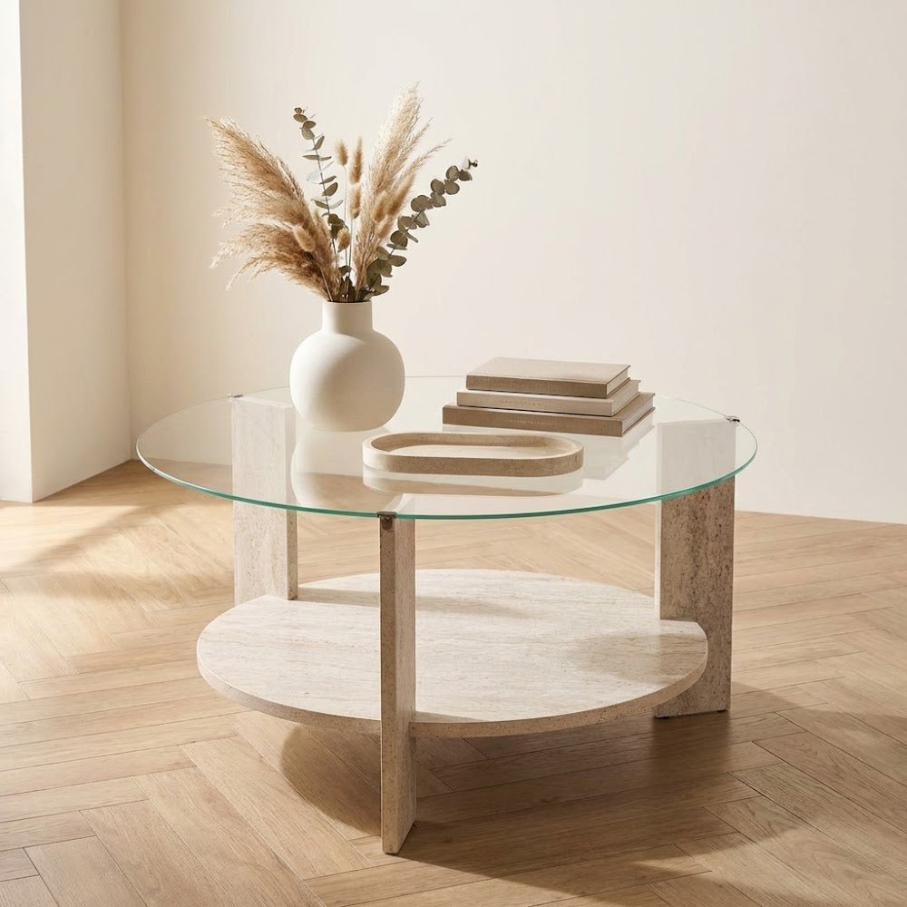 Cairo Coffee Table Round Ø75 cm Travertine - Glass 75x75x40 cm 