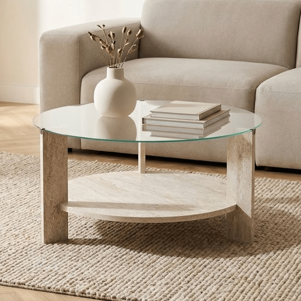 Cairo Coffee Table Round Ø75 cm Travertine - Glass 75x75x40 cm 