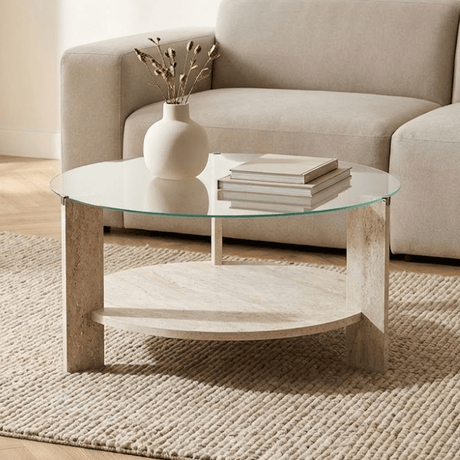 Cairo Coffee Table Round Ø75 cm Travertine - Glass 75x75x40 cm 