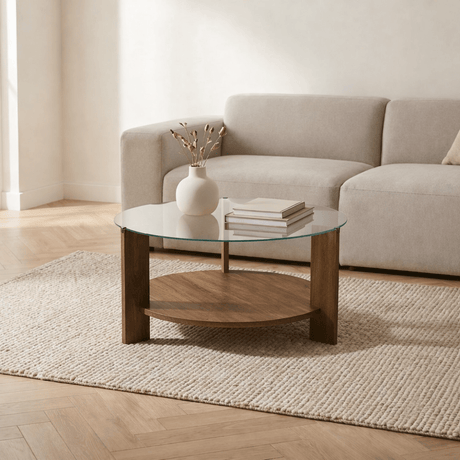 Cairo Coffee Table Round Ø75 cm Walnut - Glass 75x75x40 cm 