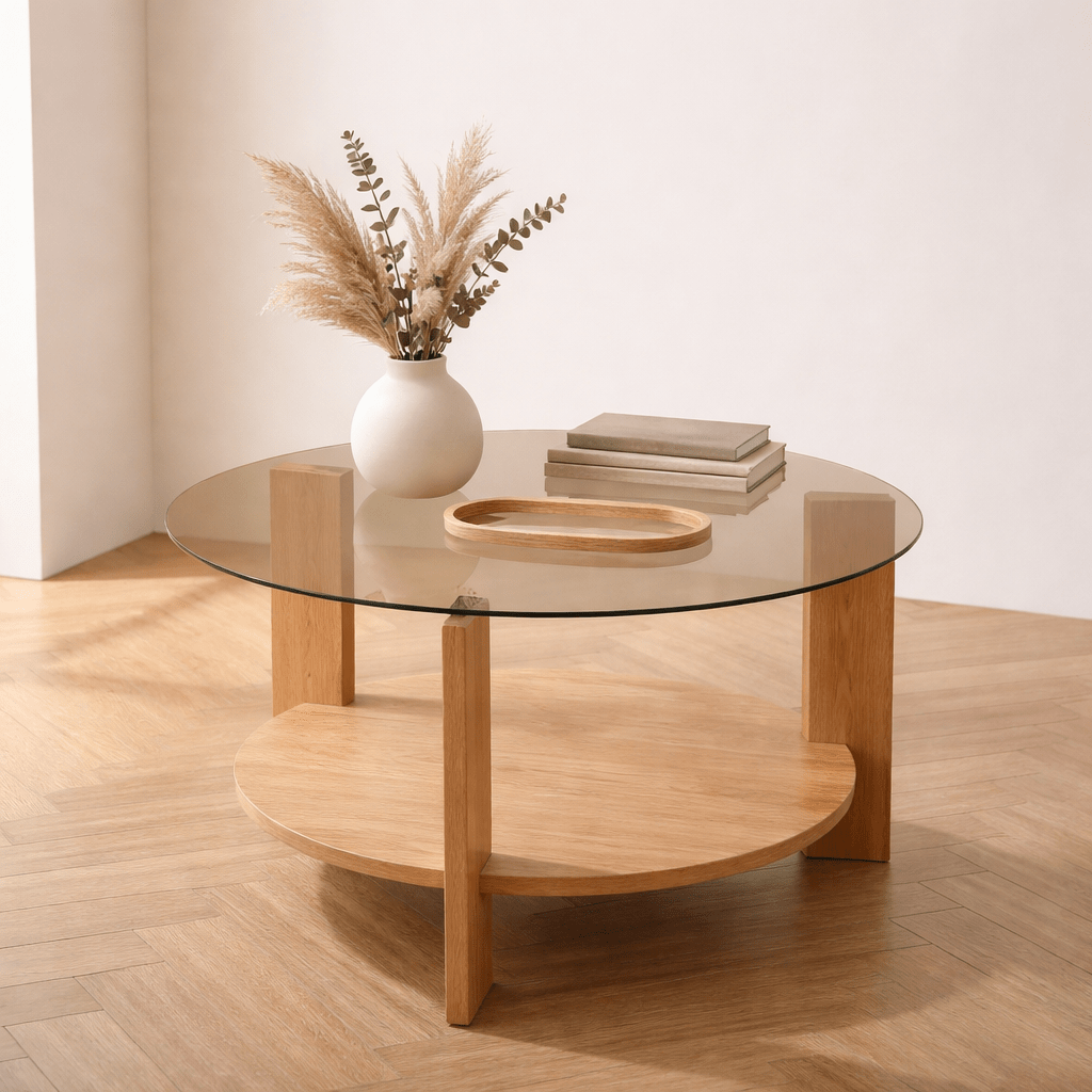 Cairo Coffee Table Round Ø75 cm Sapphire Oak - Smoke Glass Fume 75x75 cm 