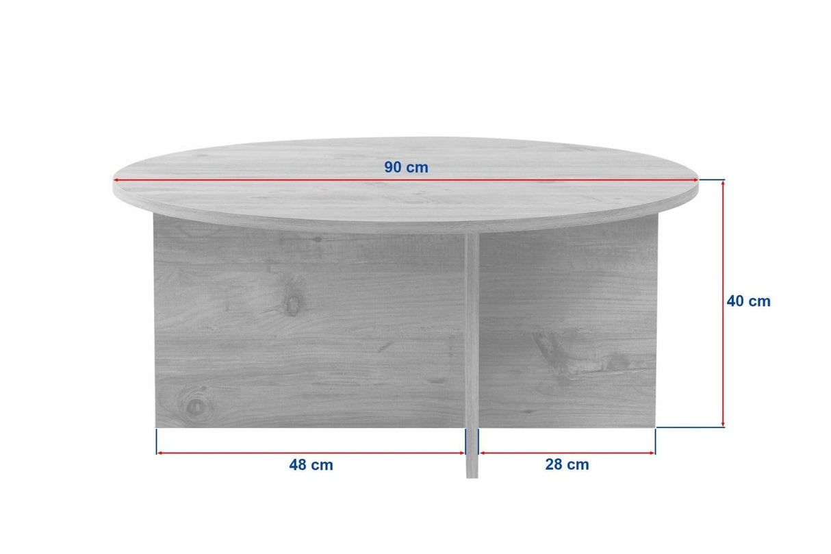 White photo with dimensions round coffee table with travertine top and dark wooden base in cross shape.
