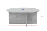 White photo with dimensions round coffee table with travertine top and dark wooden base in cross shape.