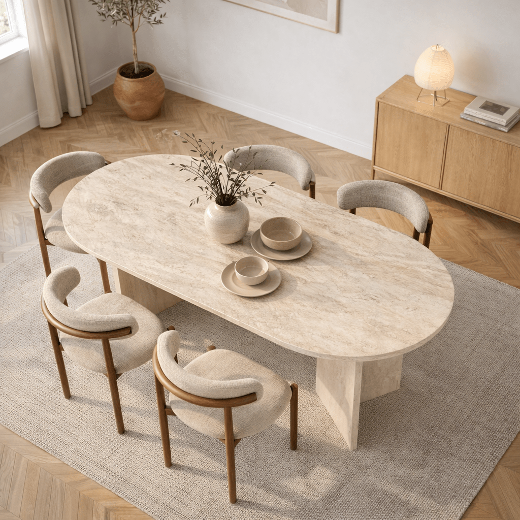 Eettafels - Ovale eettafel travertin melamine - Japandi - 180x89,5x75 cm - Sota - Dimehouse