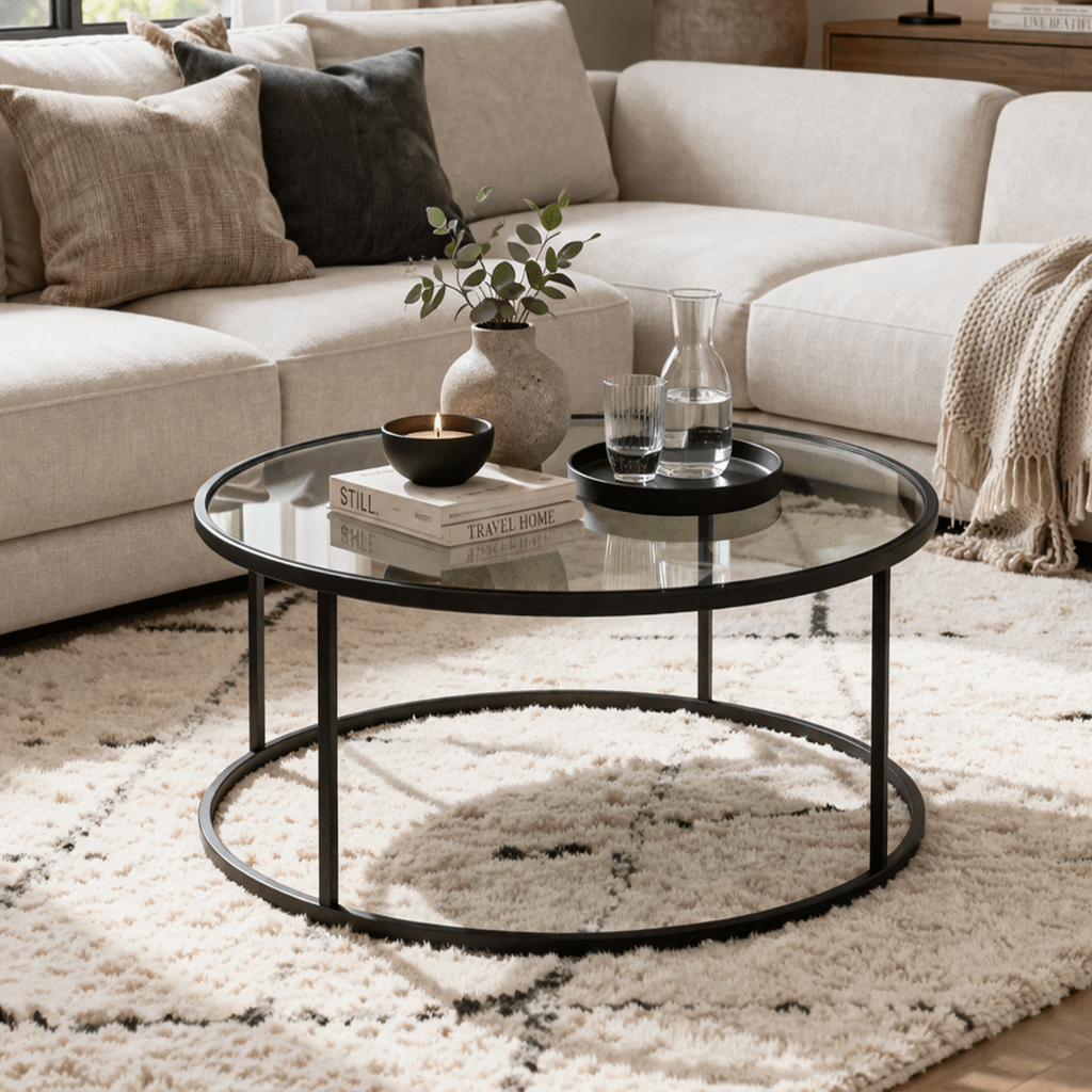 Coffee Table Glass Round 80 cm Barlin - Black Frame 